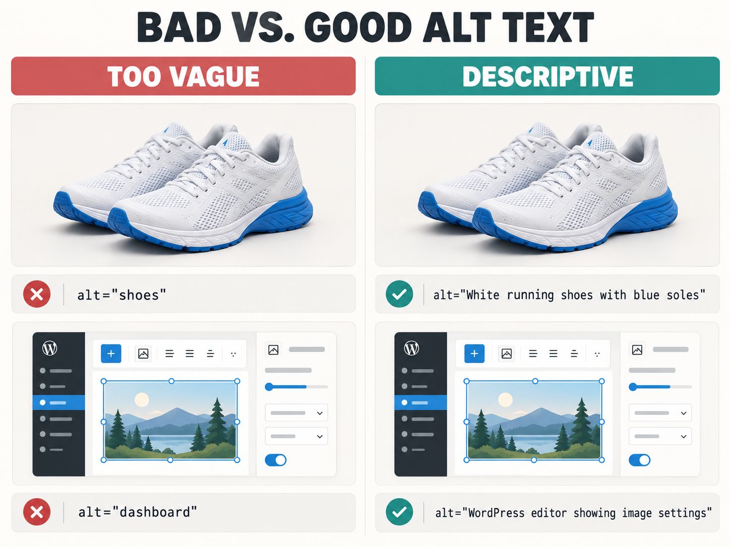 Before-and-after comparison of vague image alt text and specific descriptions for product photos and WordPress screenshots