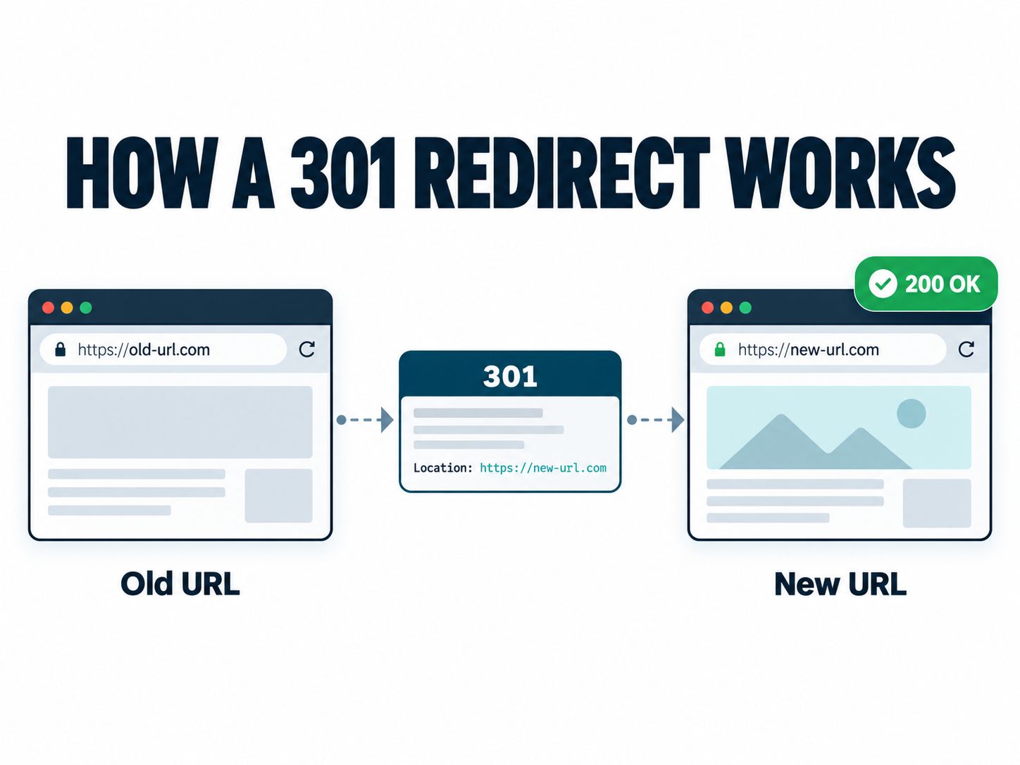 301 redirect process showing an old URL returning HTTP 301 and forwarding to a new URL with HTTP 200 OK