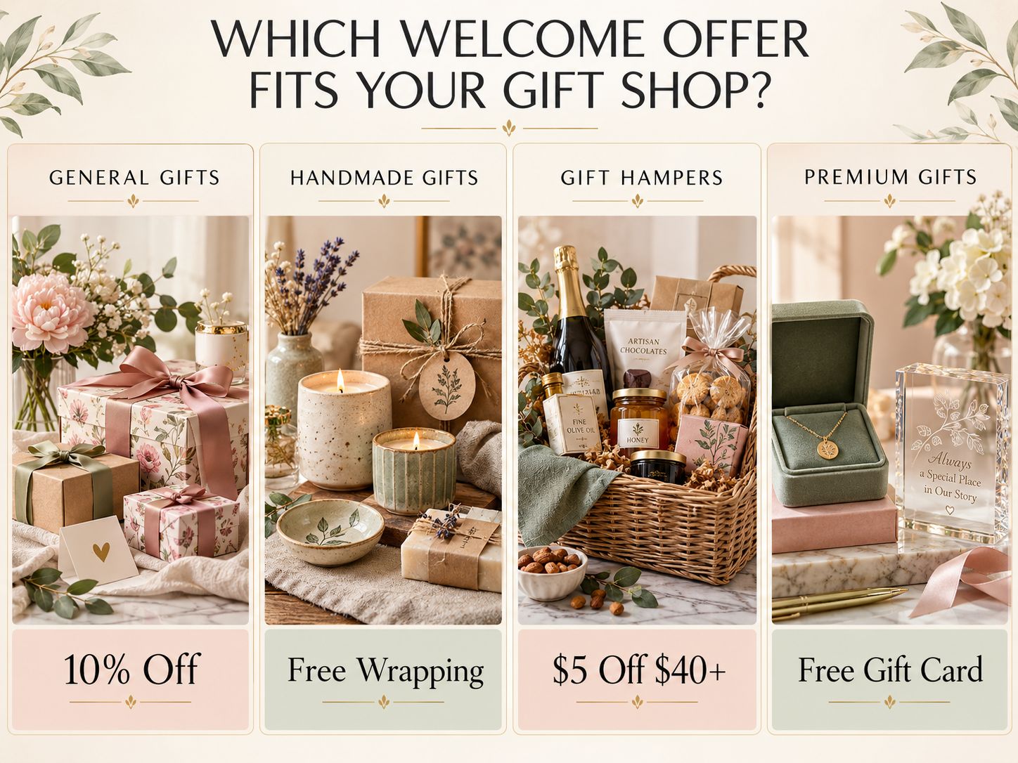 Comparison infographic showing first-order welcome offers for general, handmade, hamper, and premium gift shops