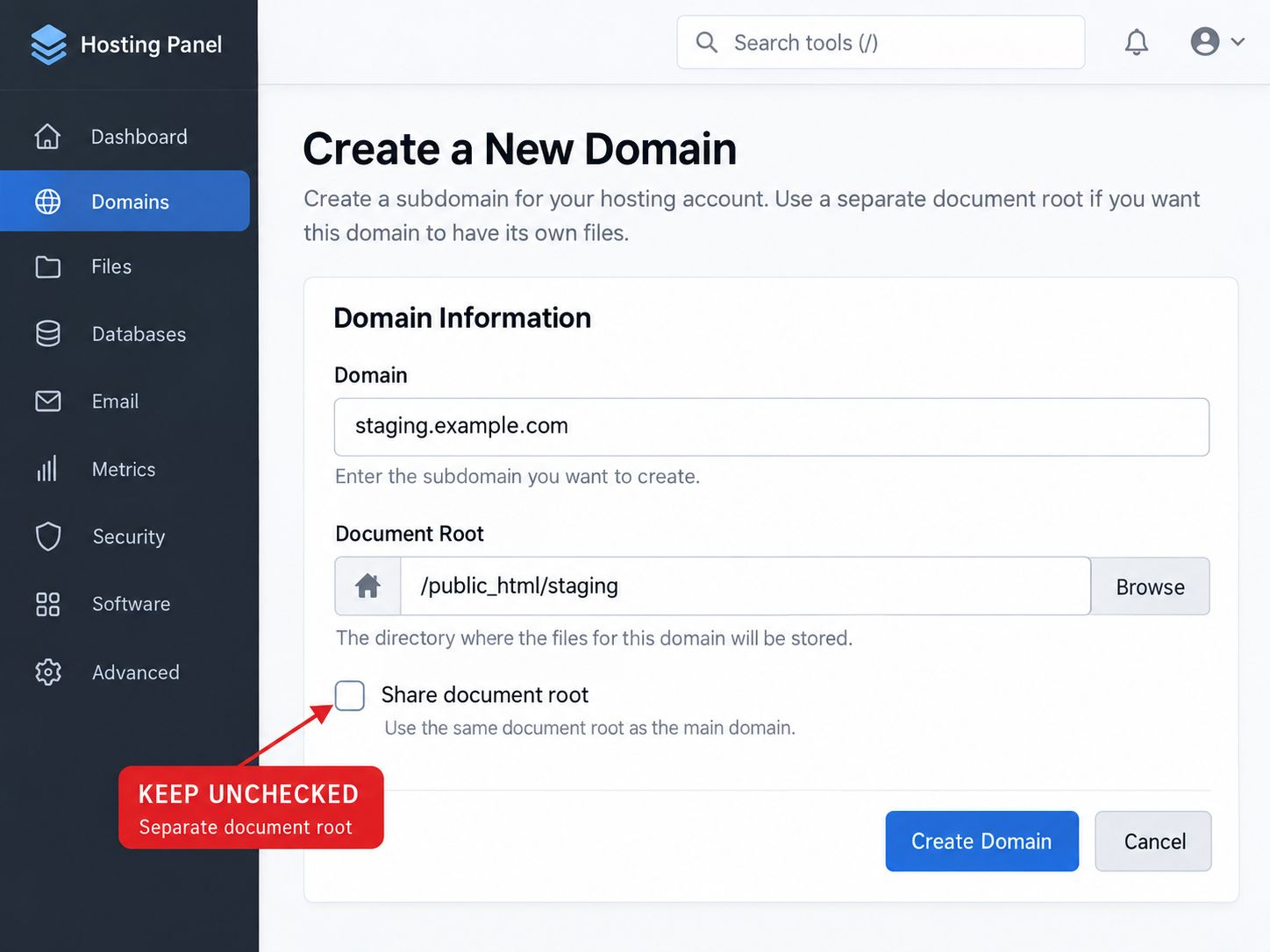 Blacknight cPanel staging subdomain setup with Share document root unchecked