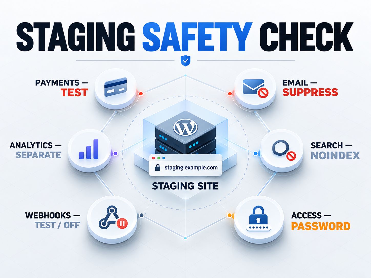 WordPress staging safety checklist for payments email search access webhooks and analytics
