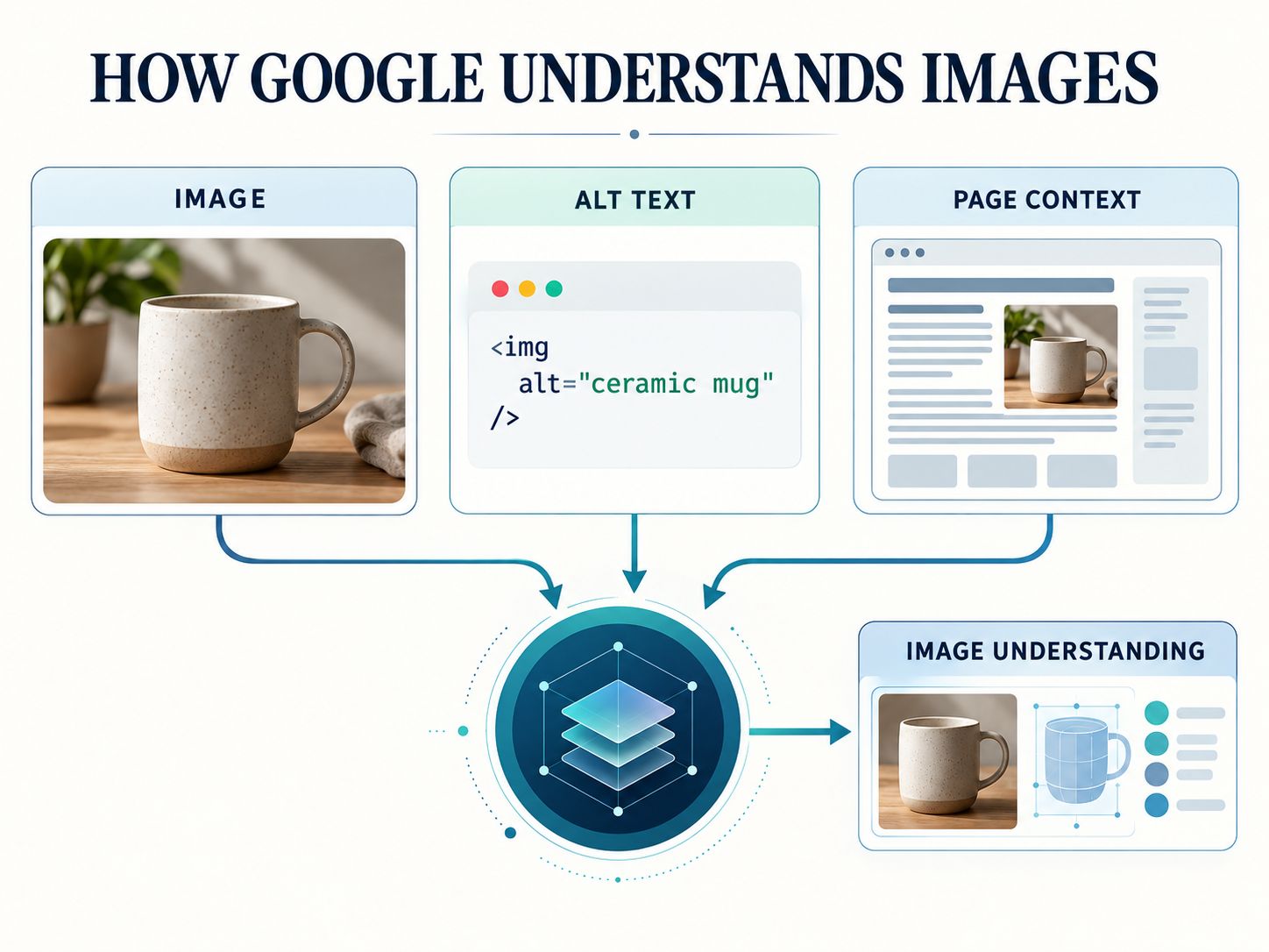 Diagram showing how Google combines image content, alternative text, and surrounding page context to understand images