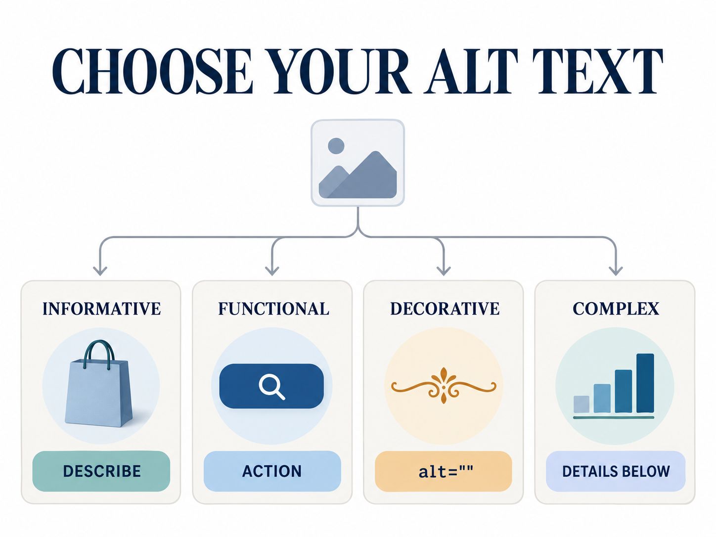 Decision tree showing when to describe informative images, label functional images, use empty alt text for decorative images, and explain complex charts