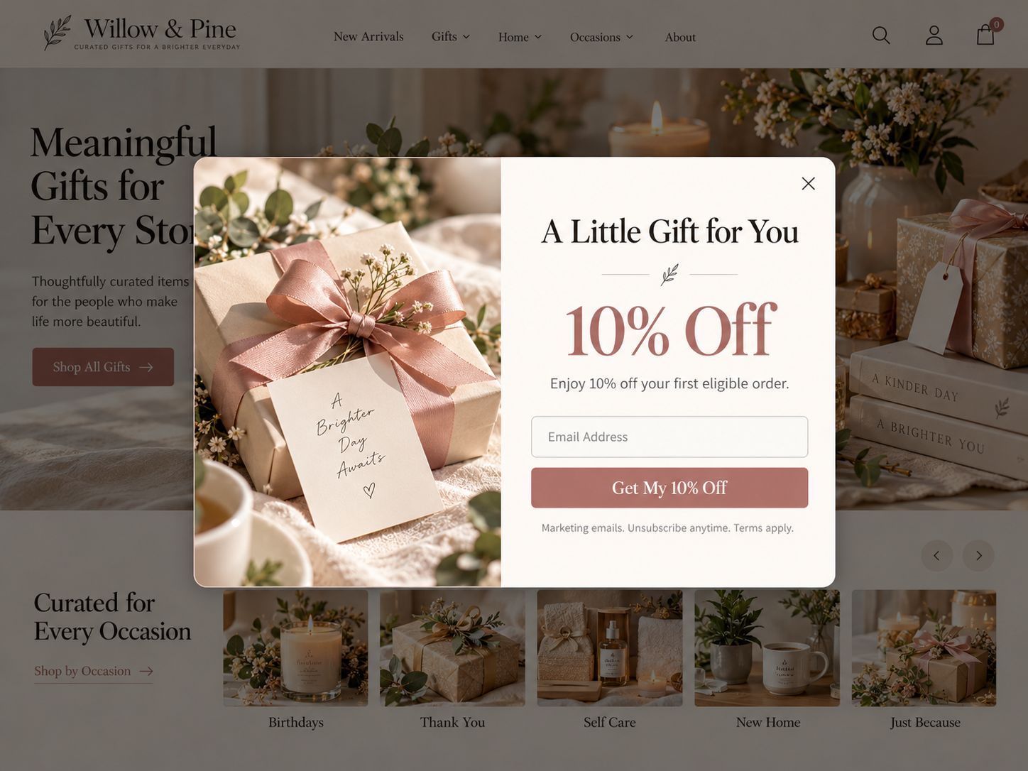 Example gift shop email capture popup with a 10% first-order discount, email address field, signup button, and consent text