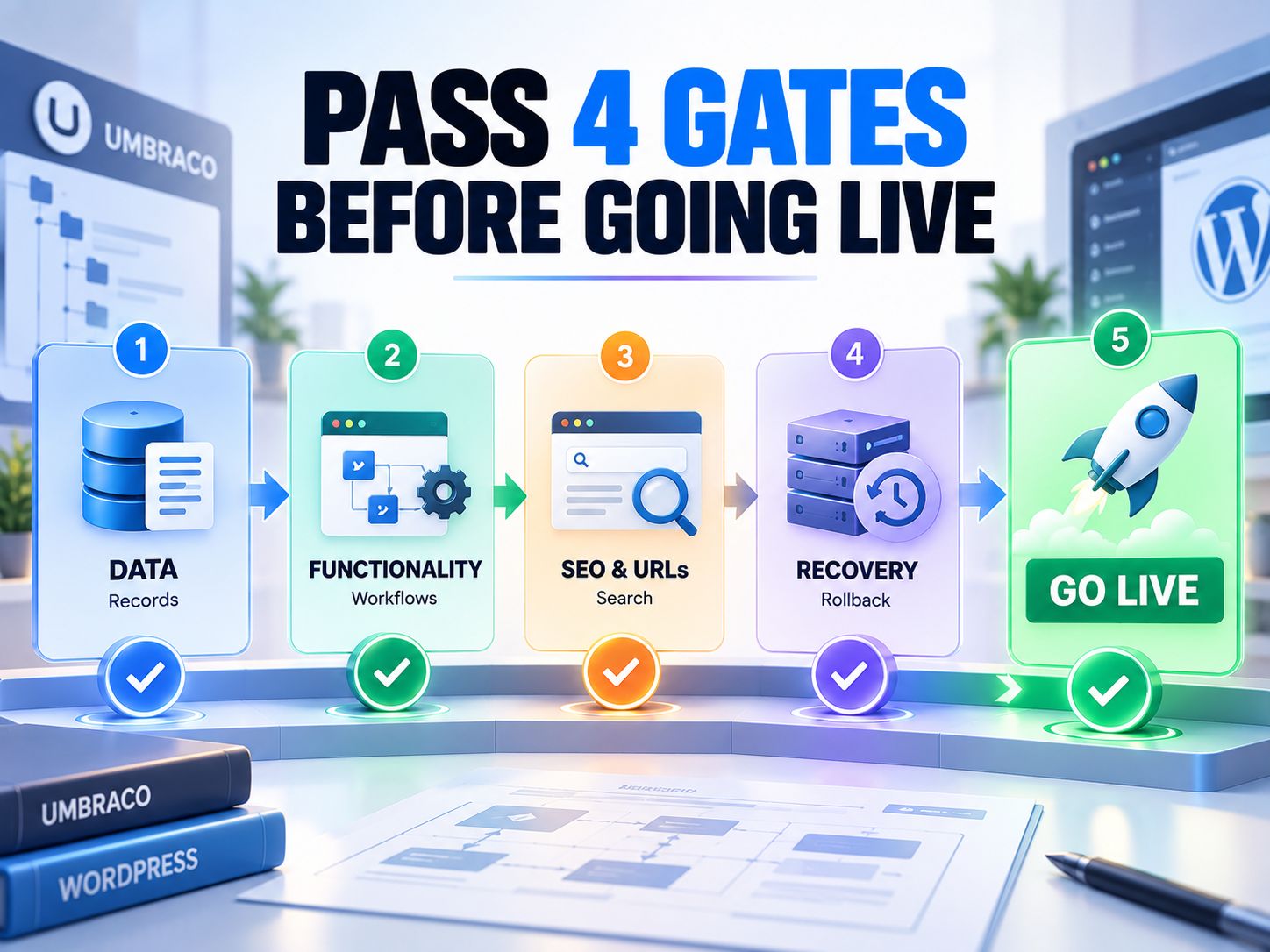 Four launch gates covering data, functionality, SEO and recovery before going live