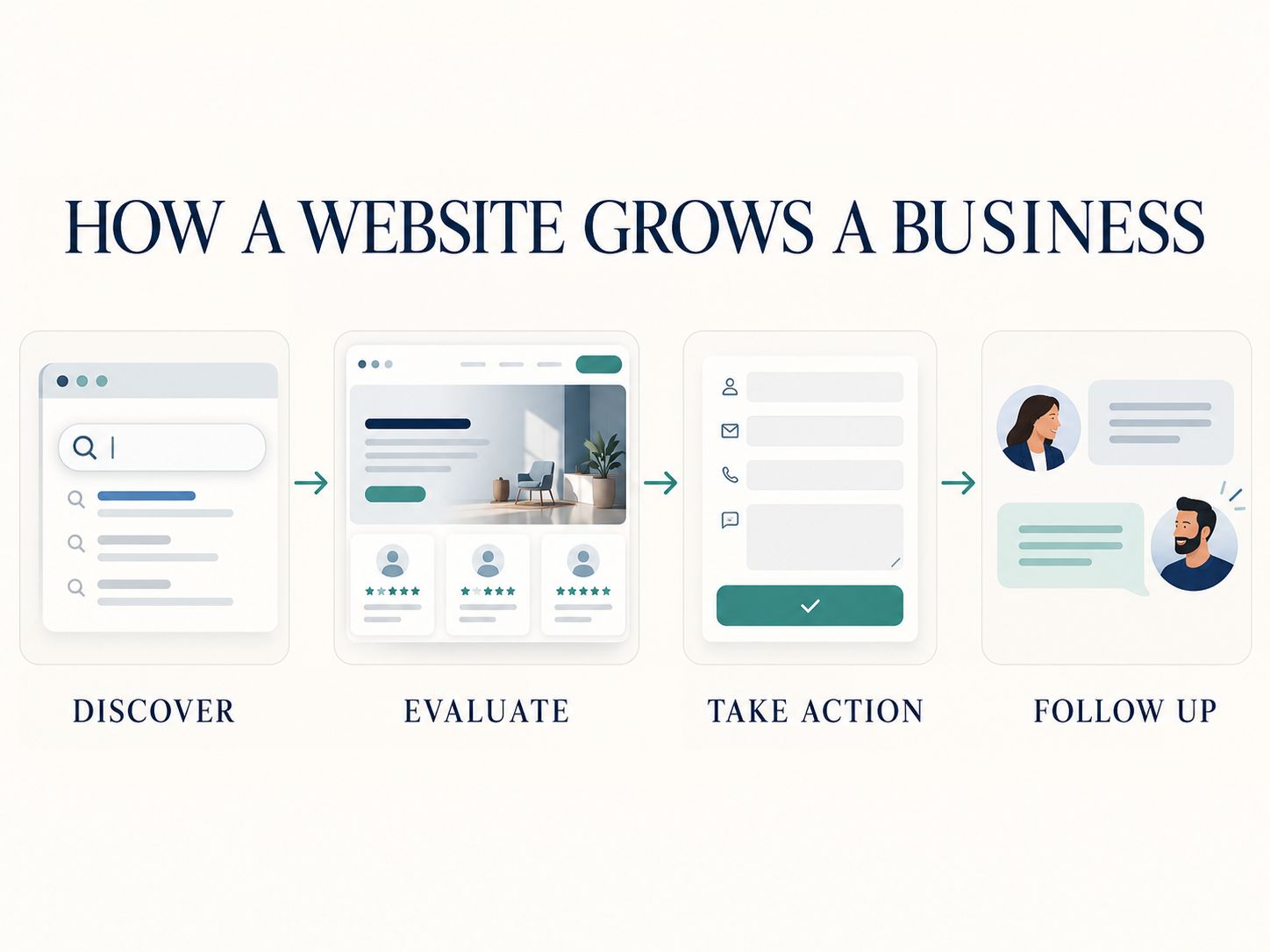Website business growth journey showing discovery, evaluation, customer action, and follow-up