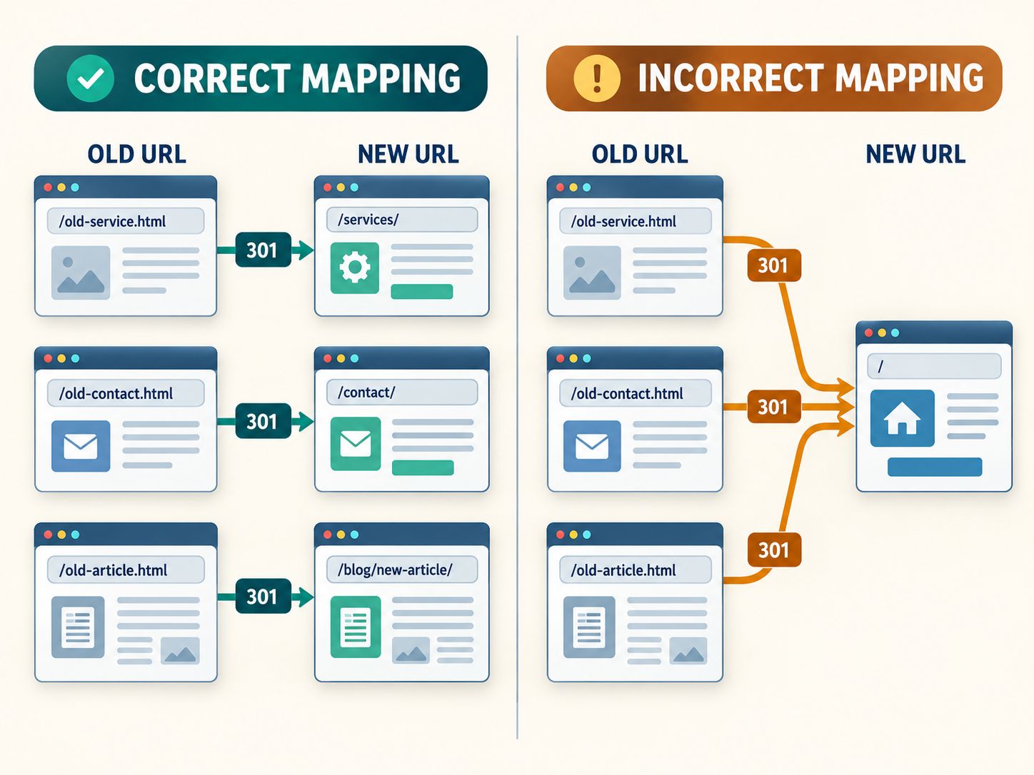 SEO website migration diagram comparing correct one-to-one 301 redirect mapping with incorrect homepage redirects