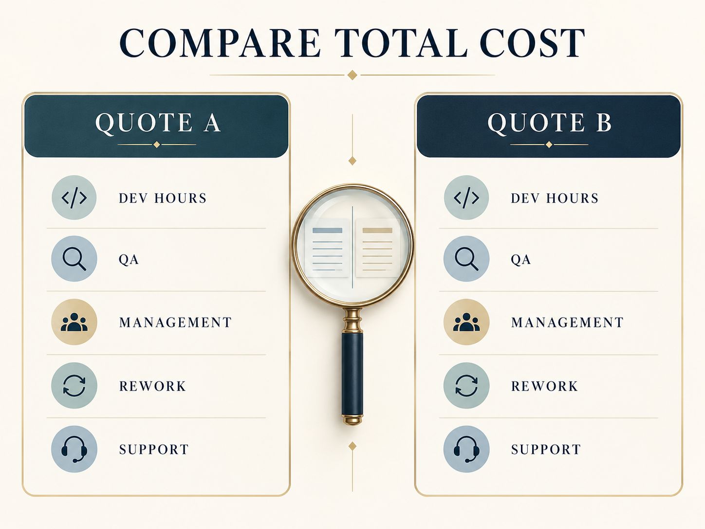WordPress outsourcing quotation comparison showing development hours, quality assurance, management, rework, and support as total cost factors