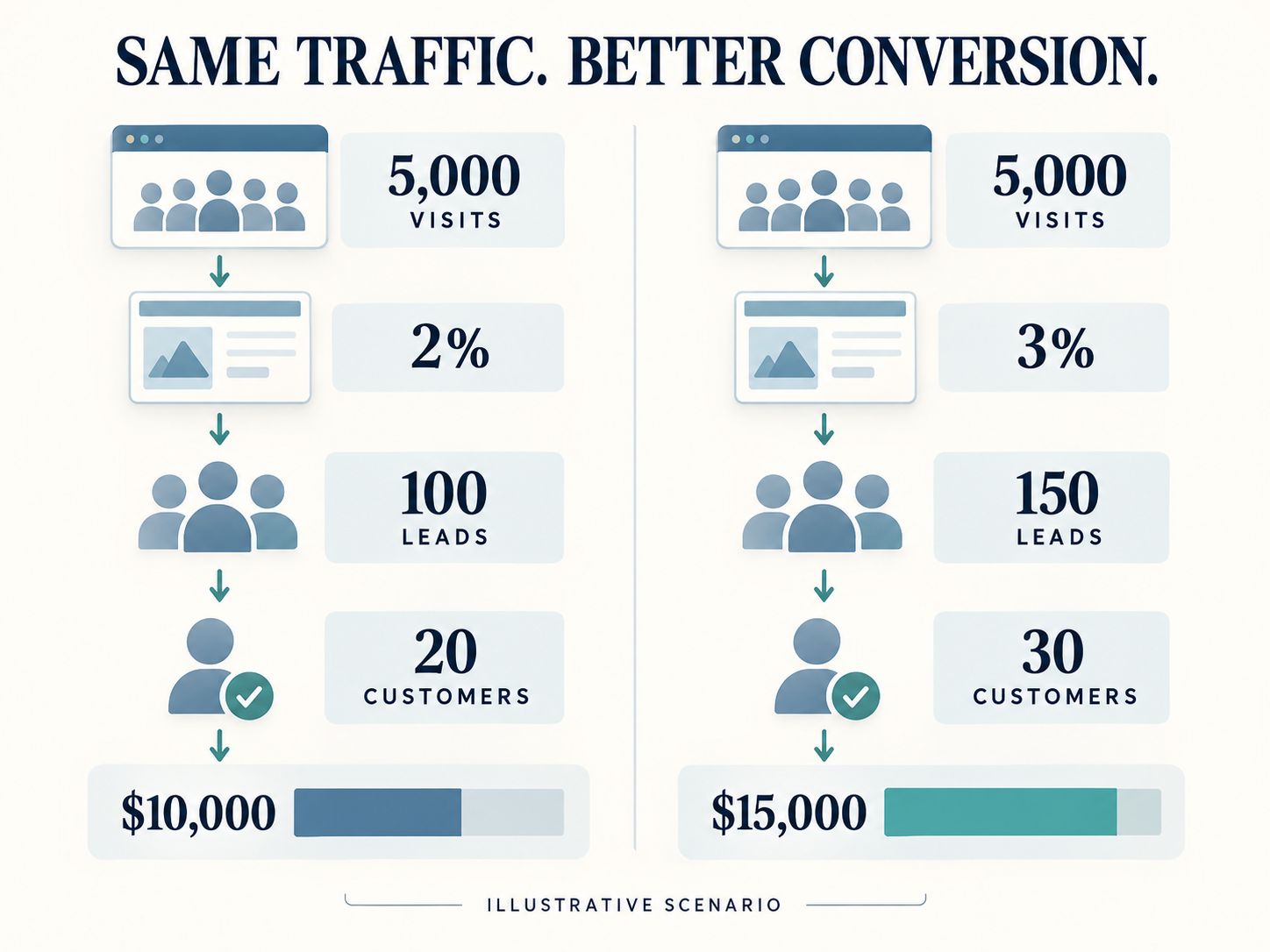 Hypothetical website revenue comparison showing 5000 monthly visits generating 10000 dollars at 2 percent conversion and 15000 dollars at 3 percent conversion