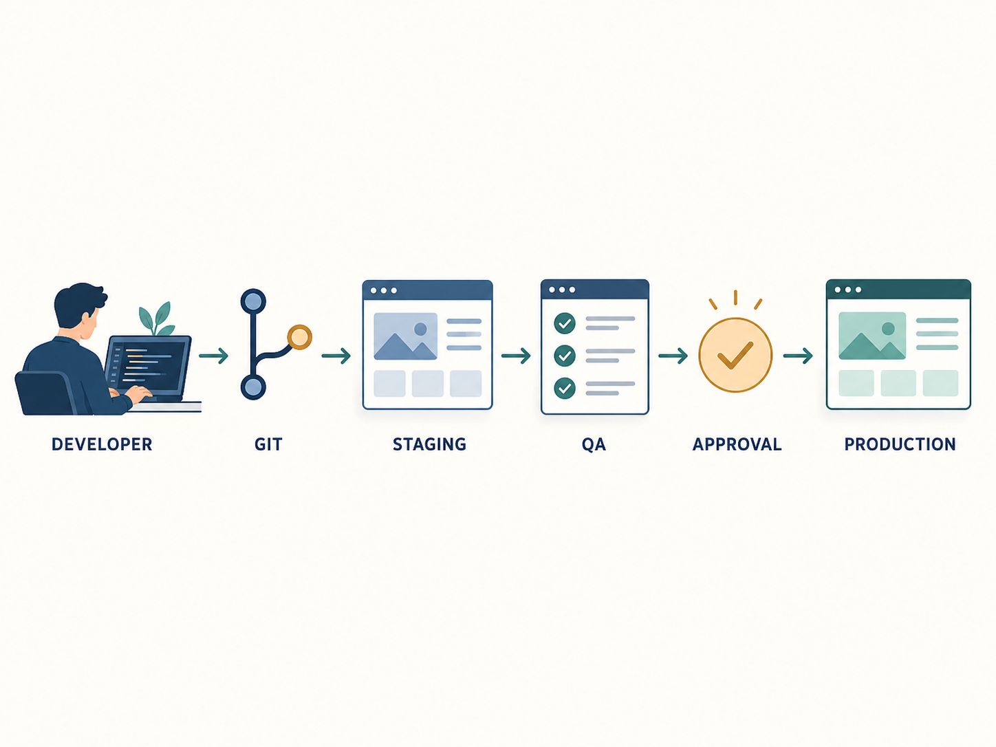 WordPress deployment workflow showing developer, Git, staging, quality assurance, approval, and production environments