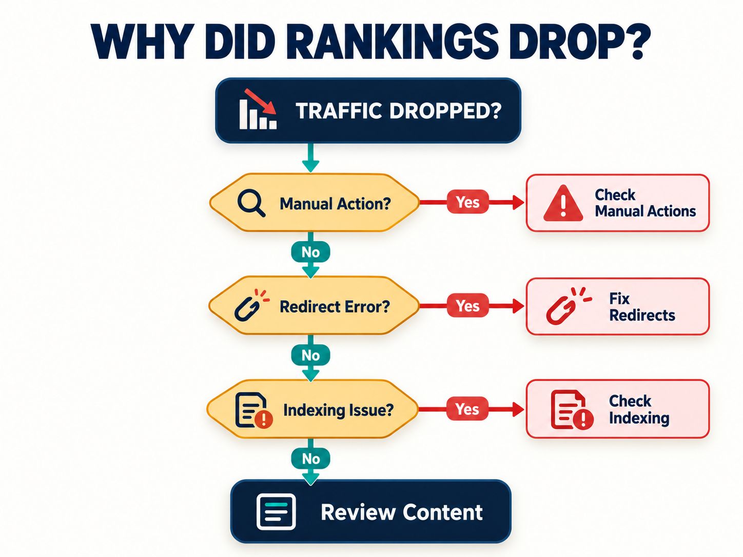Technical SEO diagnostic flowchart showing how to investigate a traffic drop by checking manual actions, redirect errors, indexing issues and content signals