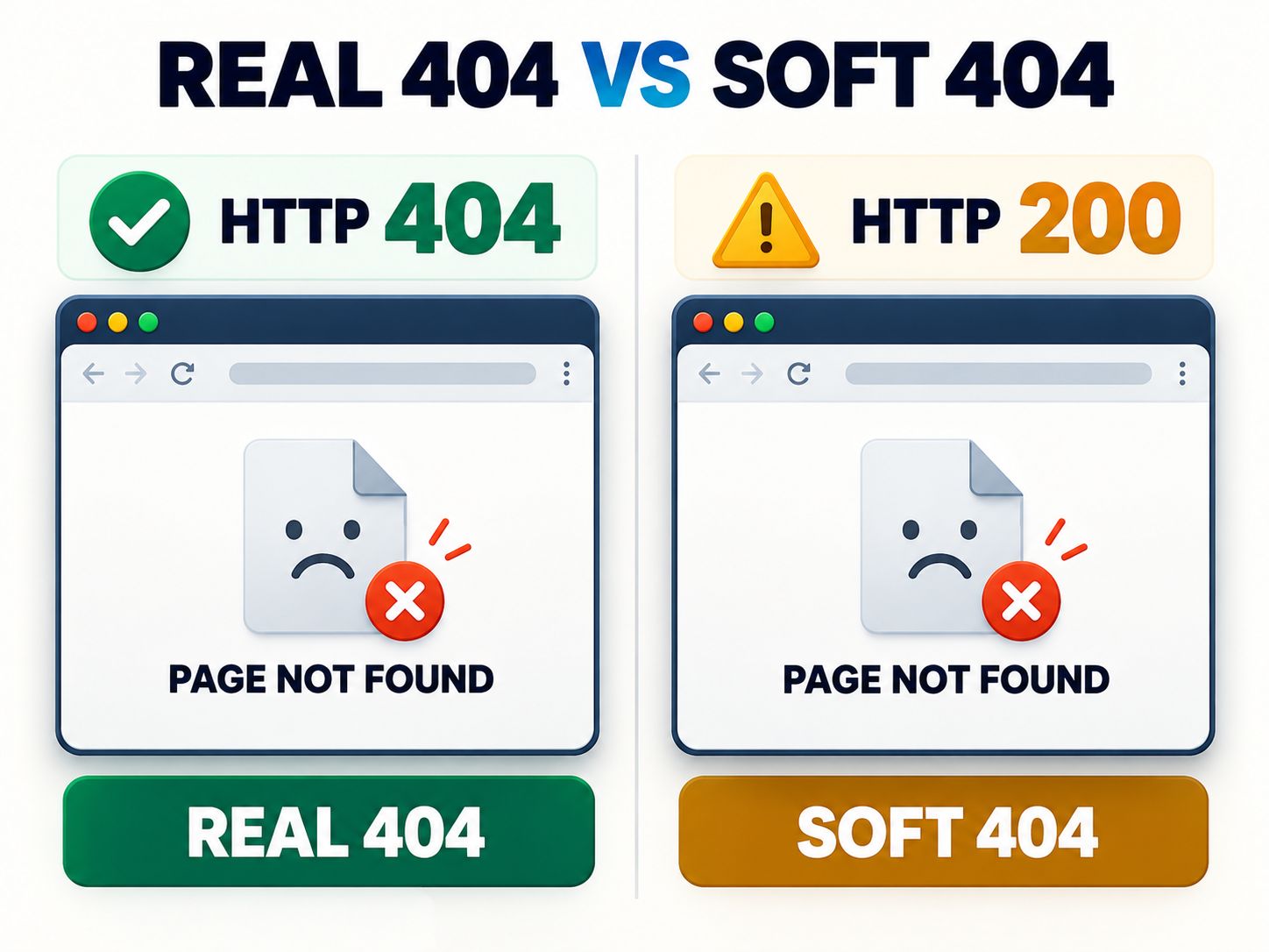 Real 404 versus soft 404 comparison showing identical missing-page messages but different server responses of HTTP 404 and HTTP 200