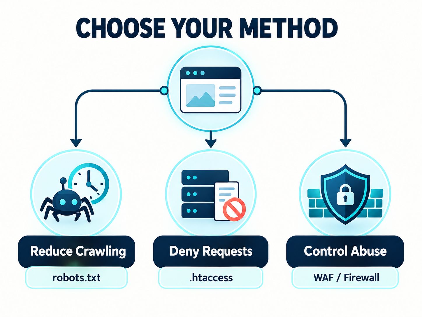 Decision tree comparing robots.txt for cooperative crawler restrictions, .htaccess for server-level access denial, and WAF firewall controls for abusive traffic