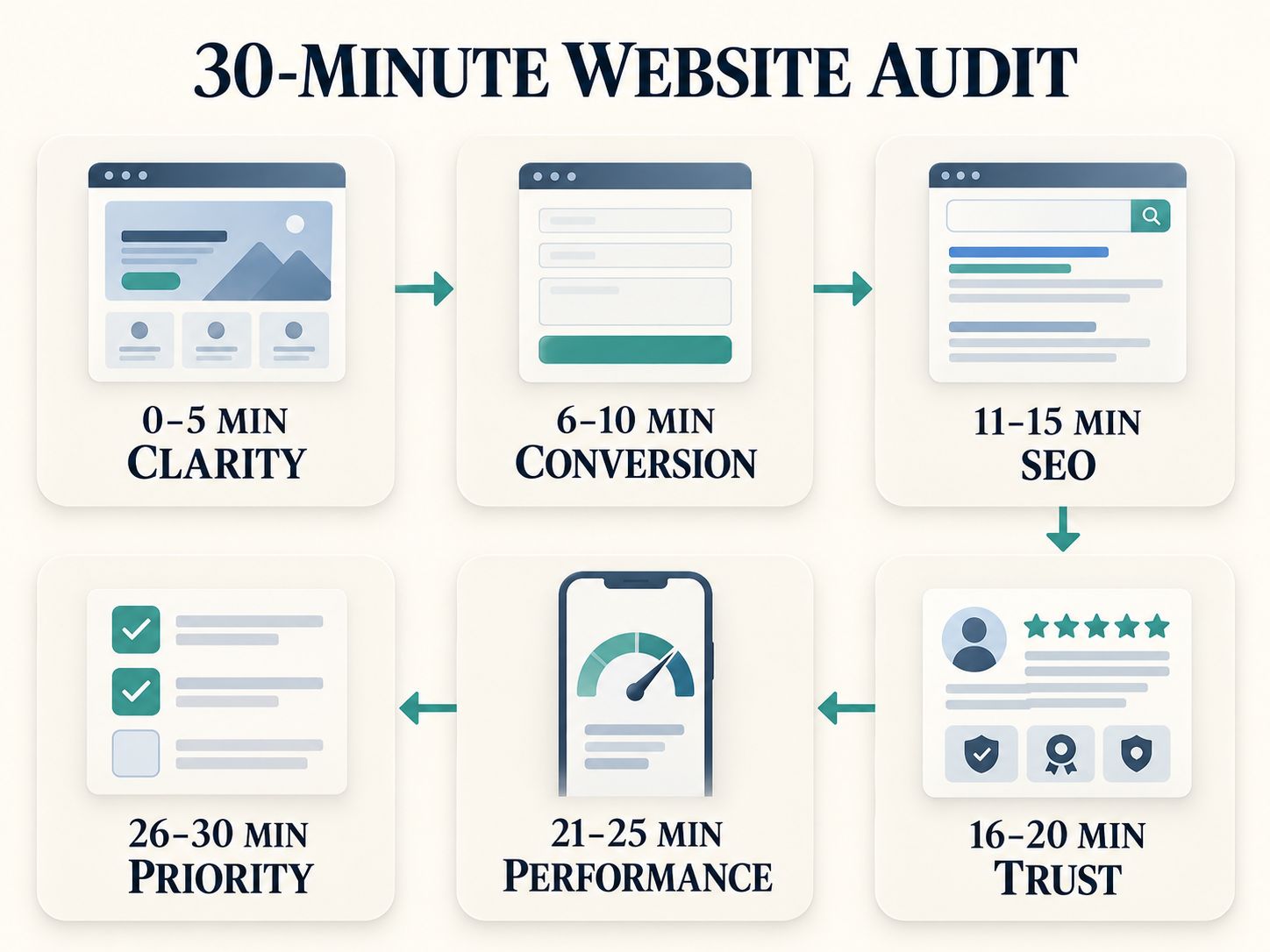 Six-step 30-minute website audit covering clarity, conversion, SEO, trust, performance, and choosing a priority