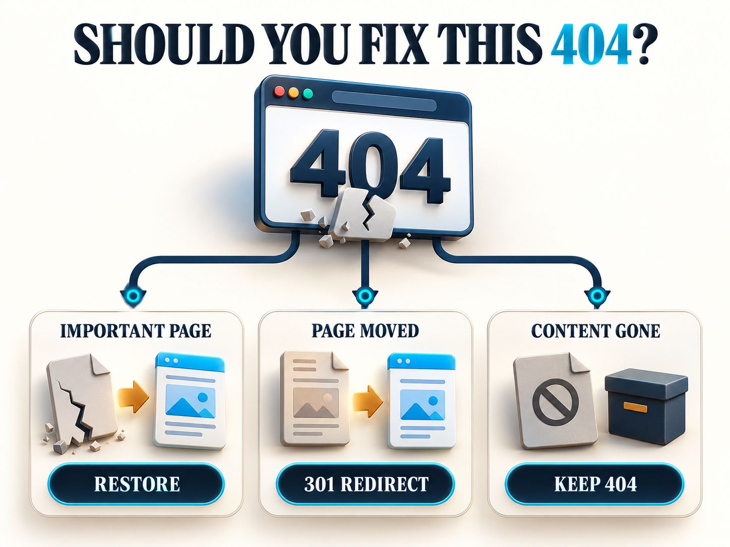 Decision infographic showing when to restore a missing page, create a 301 redirect, or keep a valid 404 response