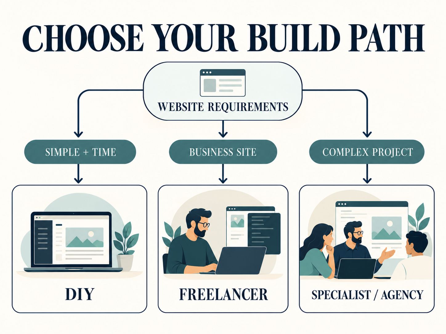WordPress website design decision flow comparing DIY development, hiring a freelancer, and choosing a specialist or agency based on project requirements.