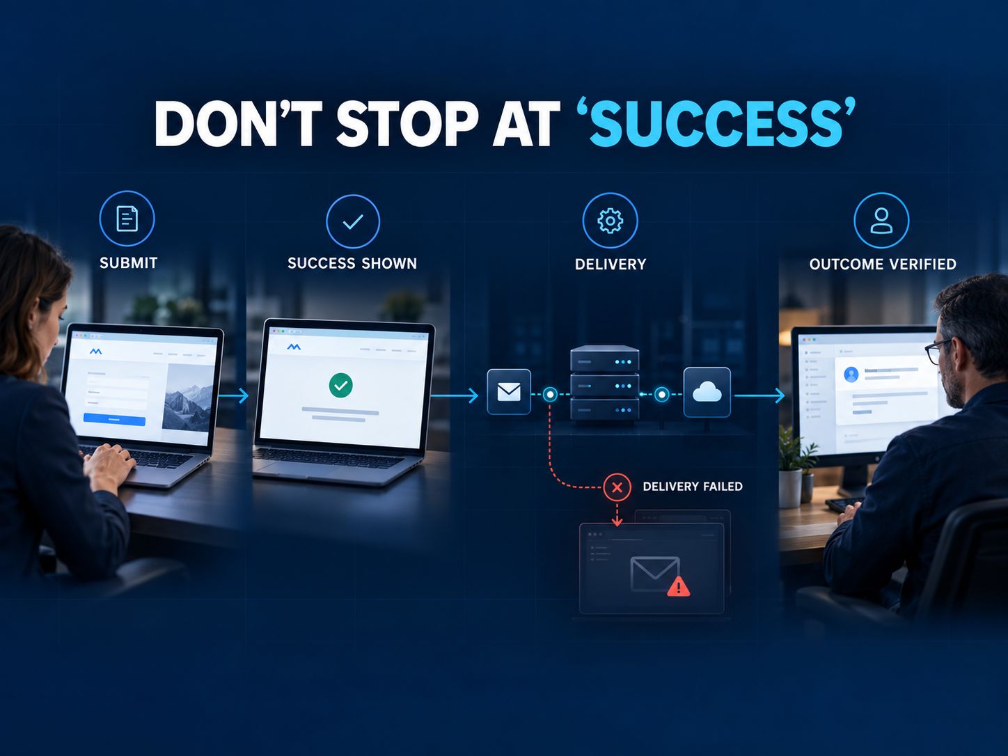Website testing flow showing submit, success shown, delivery, and verified real-world outcome