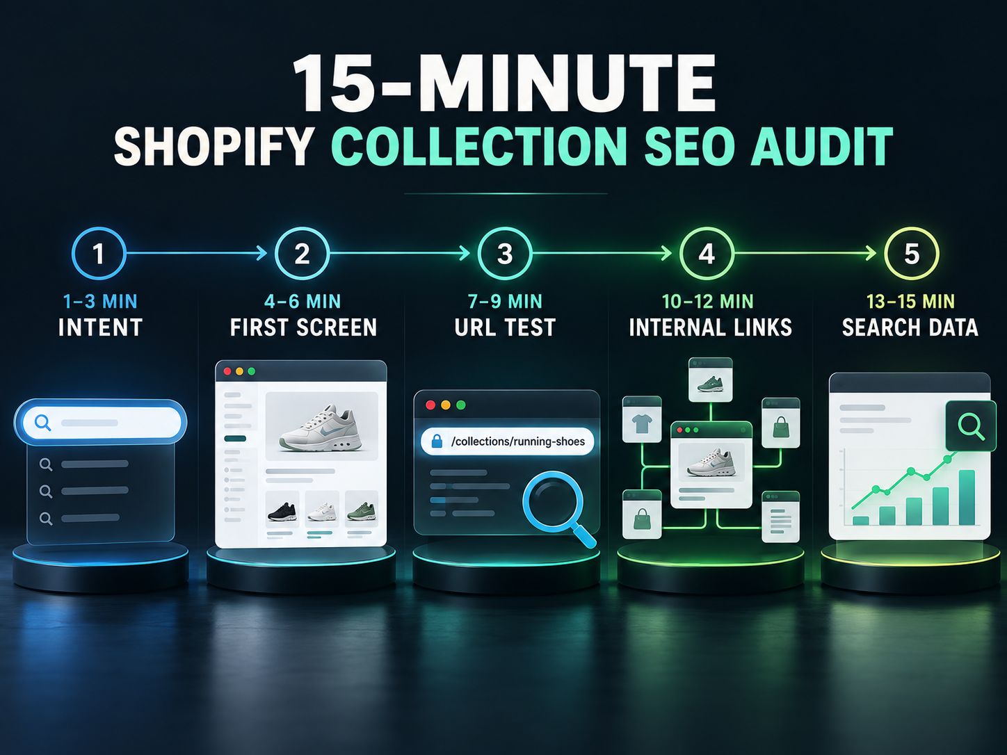 Five-step 15-minute Shopify collection SEO audit covering intent, first screen, URL test, internal links, and search data