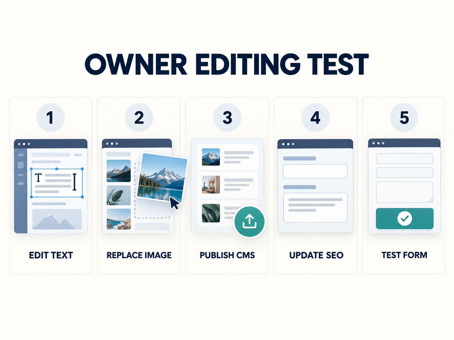 Five-task Webflow owner editing test showing text editing, image replacement, CMS publishing, SEO updates, and contact form testing.