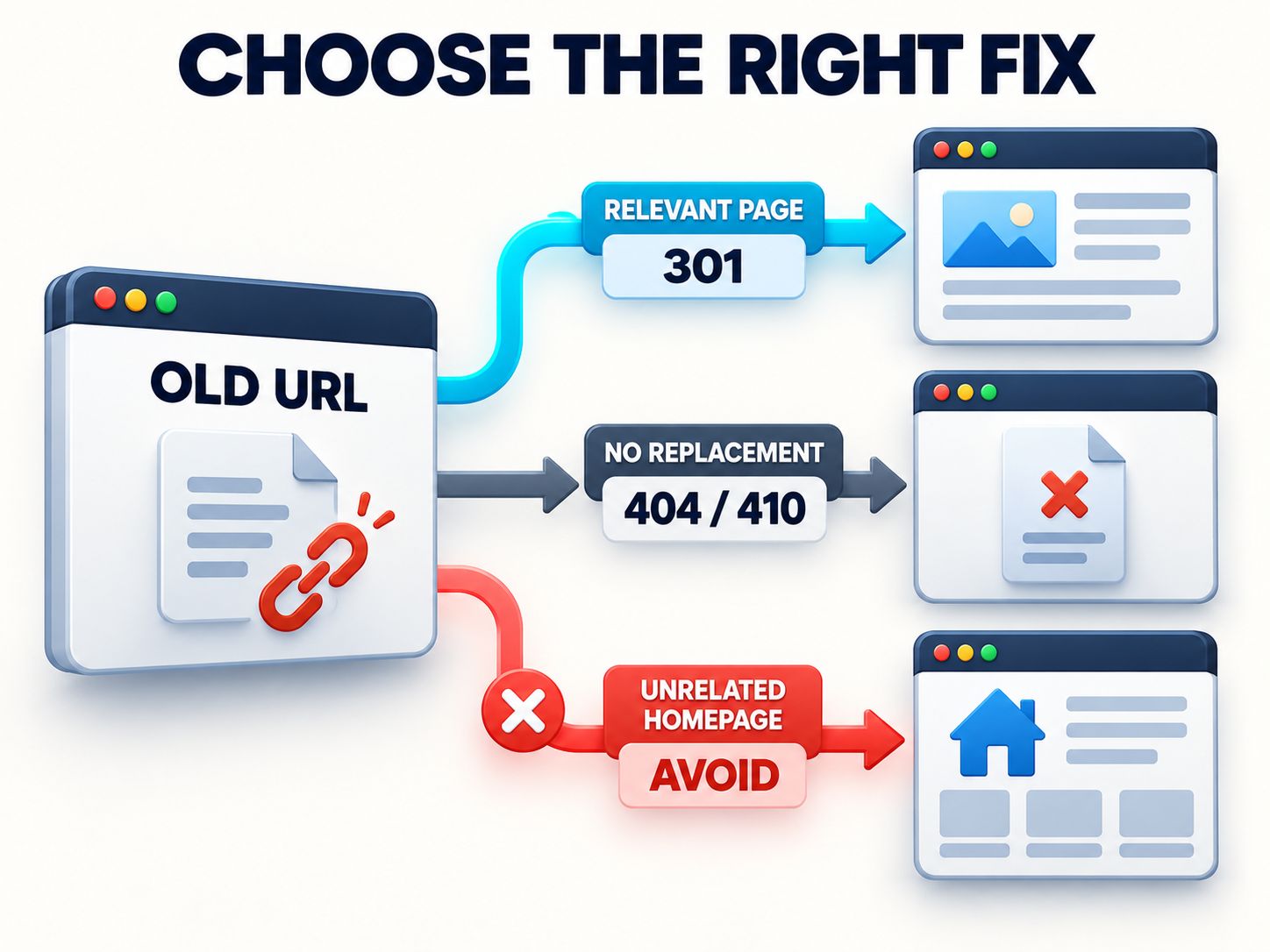 SEO redirect decision diagram comparing a relevant 301 redirect, a valid 404 or 410 response, and an unrelated homepage redirect to avoid