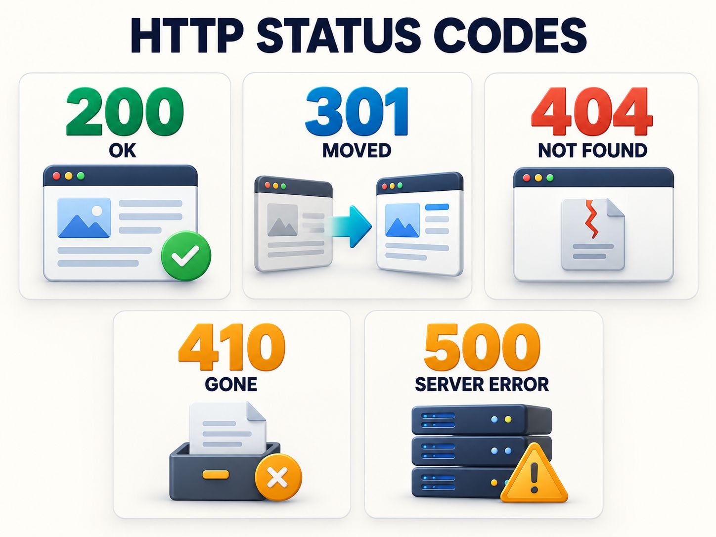 HTTP response code comparison infographic explaining 200 OK, 301 redirect, 404 Not Found, 410 Gone, and 500 server error
