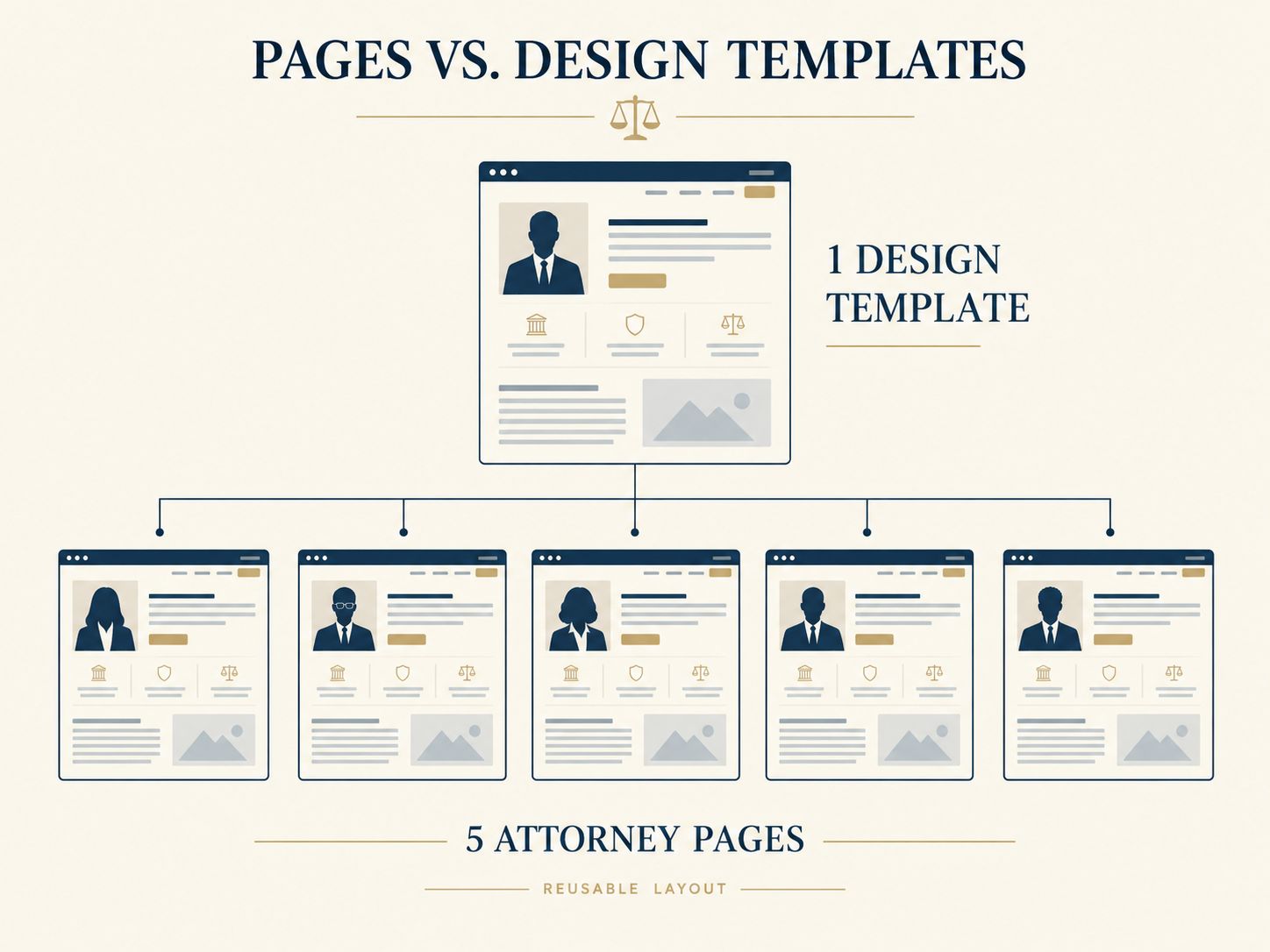 Website architecture diagram showing one reusable attorney biography design template connected to five individual attorney profile pages
