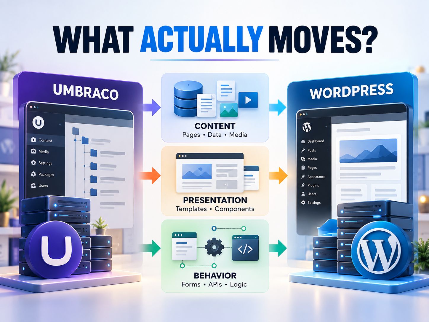 Diagram showing content, presentation and behavior moving from Umbraco to WordPress
