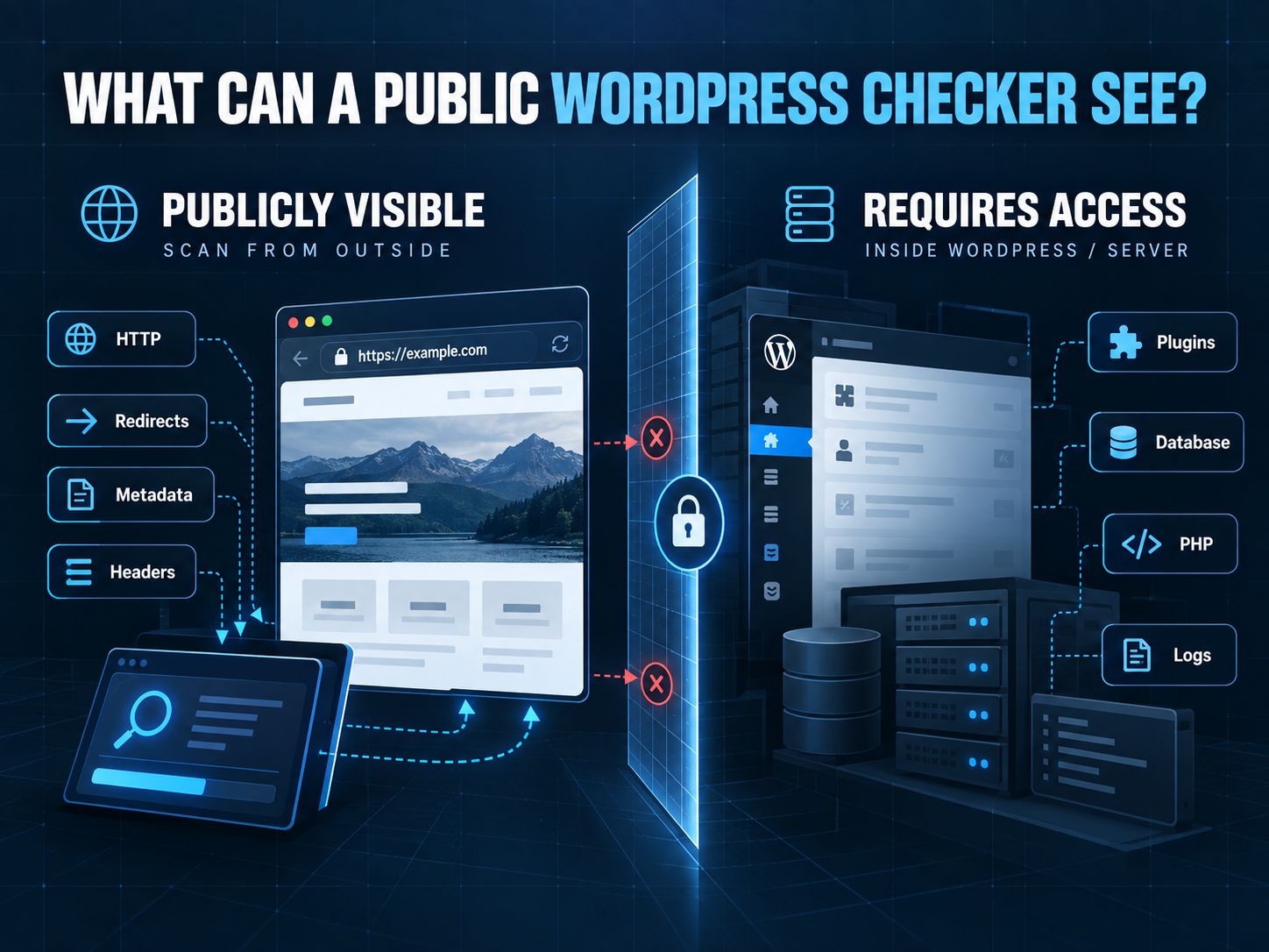 What a public WordPress website checker can detect compared with information that requires internal access
