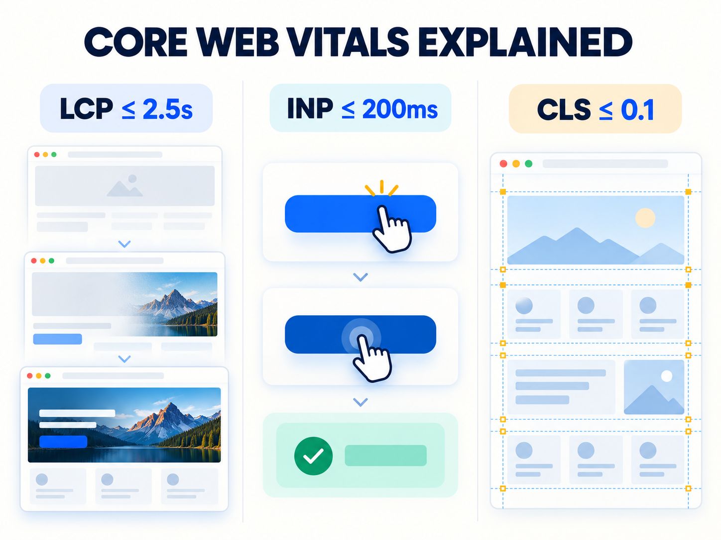 Core Web Vitals infographic illustrating good LCP, INP, and CLS performance thresholds for B2B websites