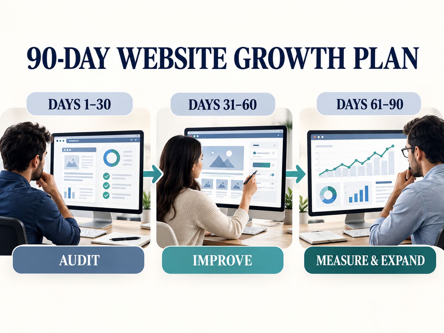 Three-phase 90-day website growth roadmap showing audit in days 1 to 30, improvement in days 31 to 60, and measurement and expansion in days 61 to 90