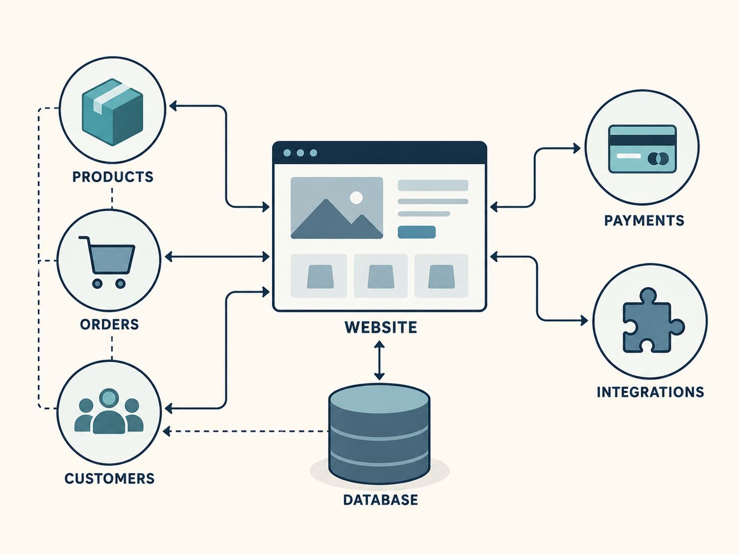 WordPress and WooCommerce migration architecture showing relationships between website files, databases, products, orders, customers, payments, and integrations