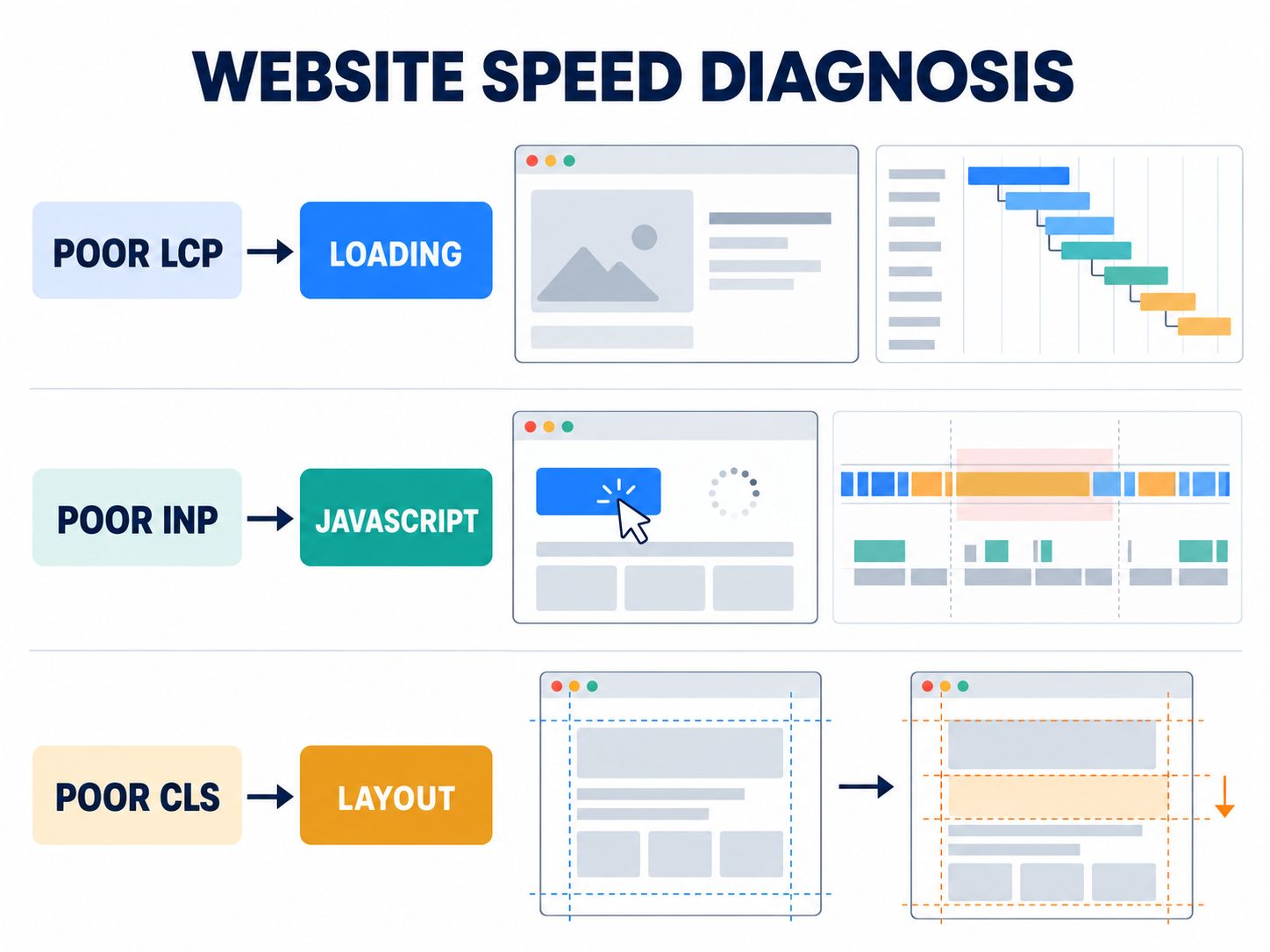 Website speed diagnosis diagram connecting poor LCP, INP, and CLS results to loading, JavaScript, and layout investigations