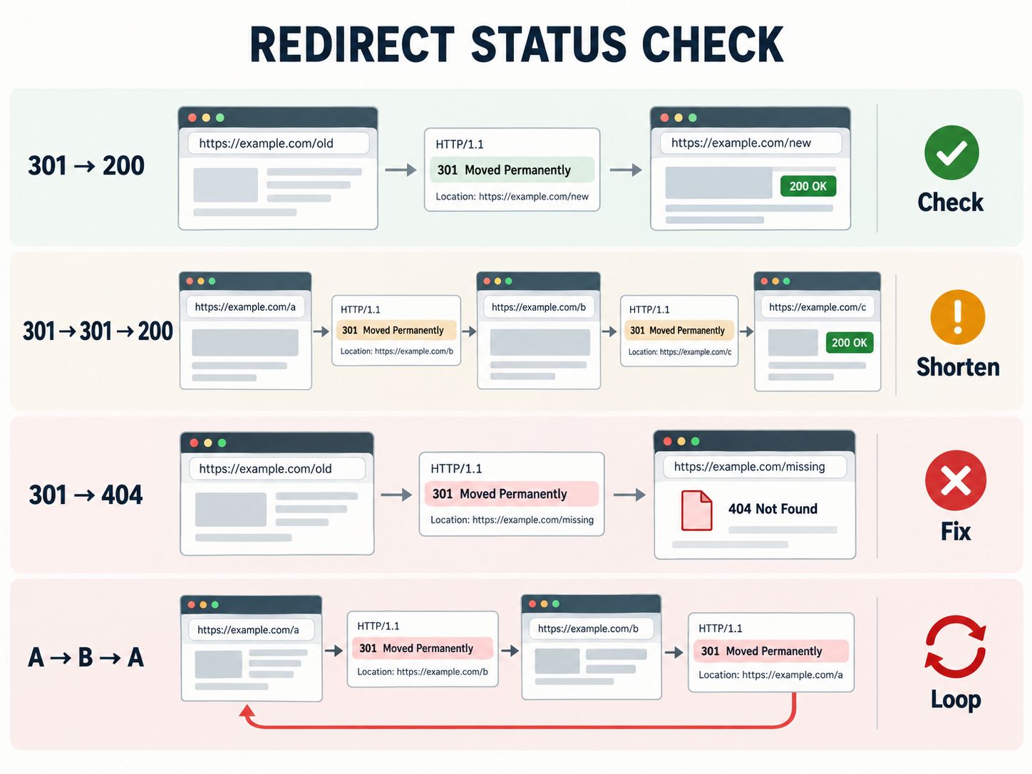 SEO redirect status comparison showing successful redirects, redirect chains, broken destinations and redirect loops