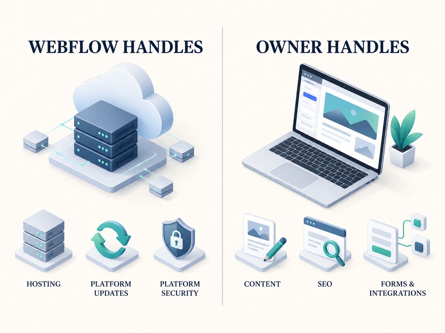 Webflow maintenance responsibility infographic comparing hosting, platform updates, and security with owner-managed content, SEO, forms, and integrations.