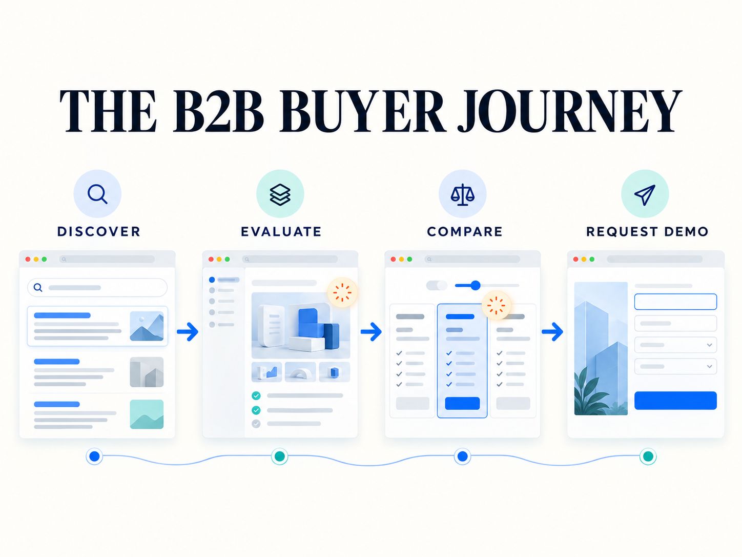 B2B buyer journey showing discovery, product evaluation, pricing comparison, and demo requests