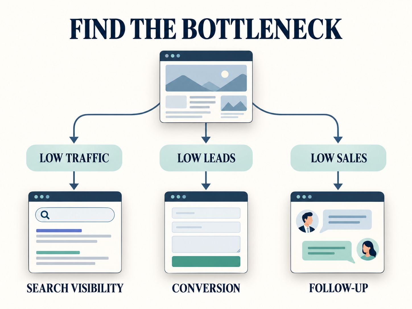 Website growth diagnostic decision tree identifying low traffic, low leads, and low sales with appropriate improvement priorities